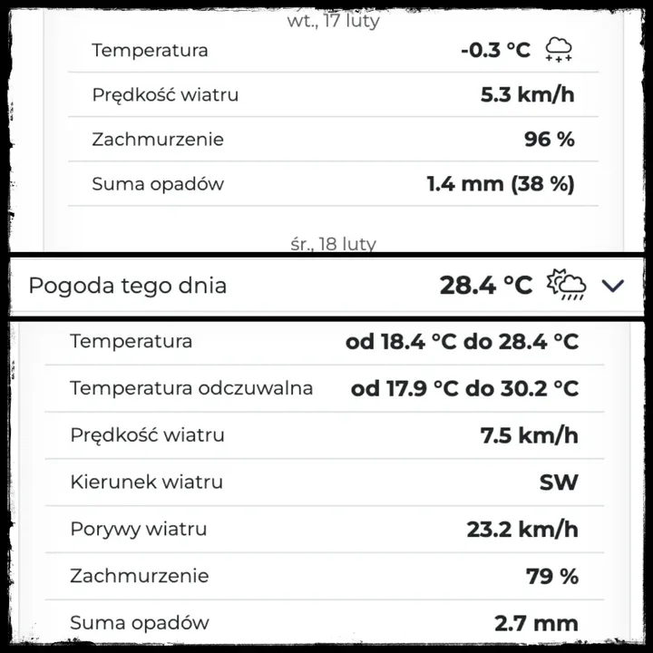 Przy ikonie pogody jest strzałka w dół, która rozwija szczegóły.